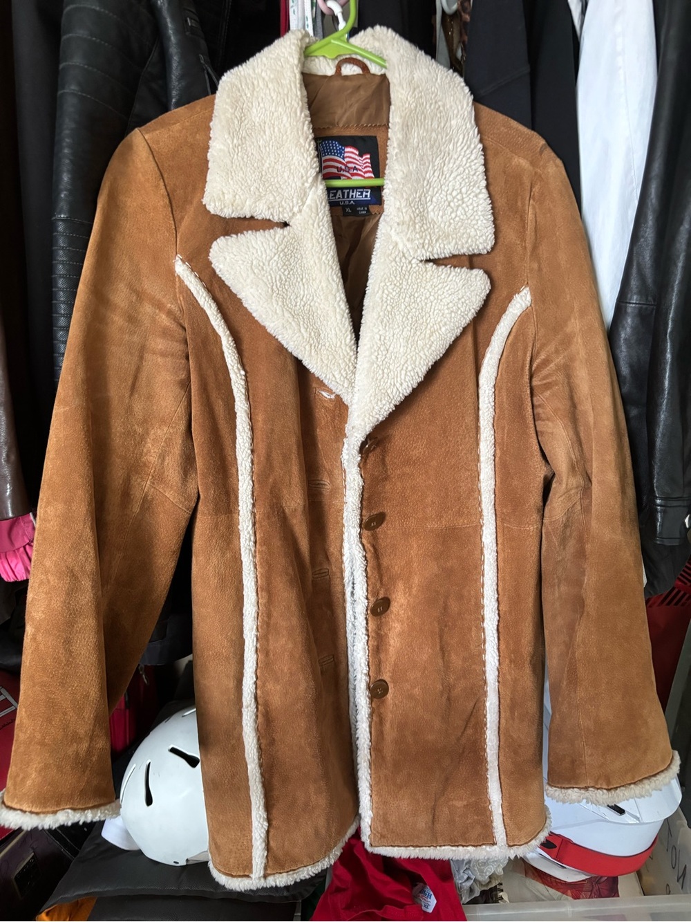 Men's Tan Suede Peacoat with Cream Shearling Trim